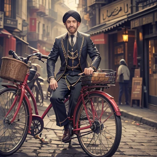 Ride an Antique Bicycle on Baker Street 、Hair flow、 ((highest quality、masterpiece、8k、Best image quality、Ultra-high resolution、Award-winning works)、(Accurate anatomy:1.1)、(Look at me and smile:1.1)、Shining fair skin with Ultra-high resolution、The most detailed face、Ultra-high resolution detailed face、Ultra-high resolutionの髪の毛、(Ultra-high resolutionの煌めく瞳:1.1)、Beautiful face drawn in every detail、(Blurred Background:1.1)、Ancient Islamic clothing, Chest to chest, tattoo,