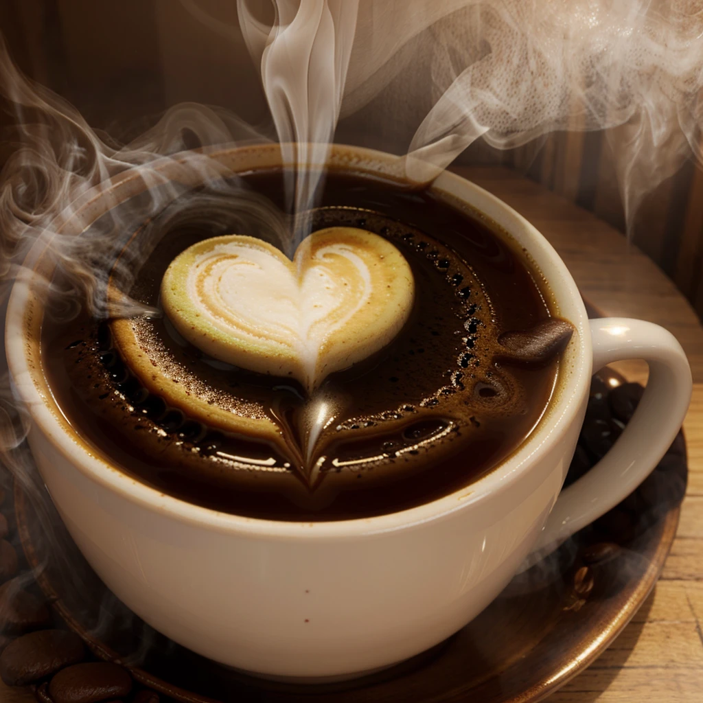 A steaming cup of coffee with steam in the shape of hearts