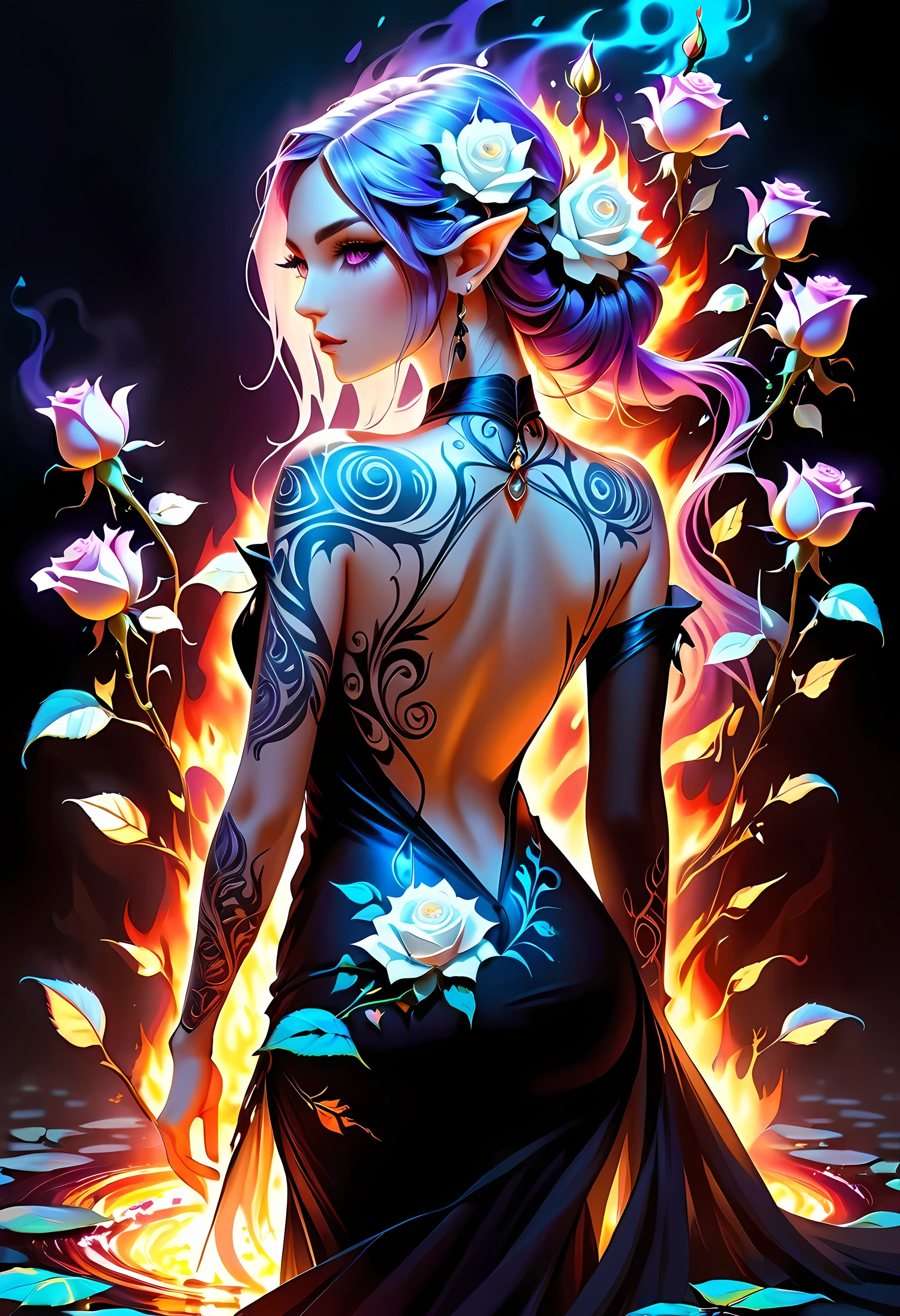 Arafed, Dark fantasy art, fantasy art, goth art, a picture of a tattoo on the back of a female elf, a glowing tattoo of a ((white rose: 1.3)) on the elf's back, the ((rose tattoo)) is vivid, intricate detailed coming to life from the ink to real life, GlowingRunesAI_purple, ((fire surrounds the rose petals: 1.5)), shot taken from the back, ((the back is visible: 1.3), she wears a transparent  black dress, bare back, the dress is elegant, flowing, elven style, that the (tattoos glow: 1.1), dynamic hair color, dynamic hair style, faize, Flower