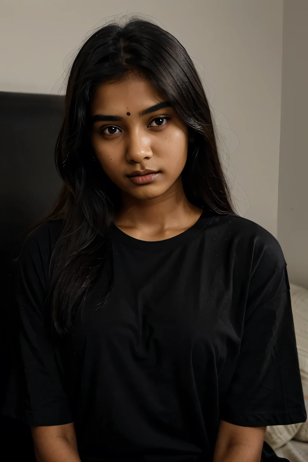 A 20-year-old Indian girl, with ivory bright skin, wearing oversize black t-shirt. facing the camera. 12.5mm zoom.