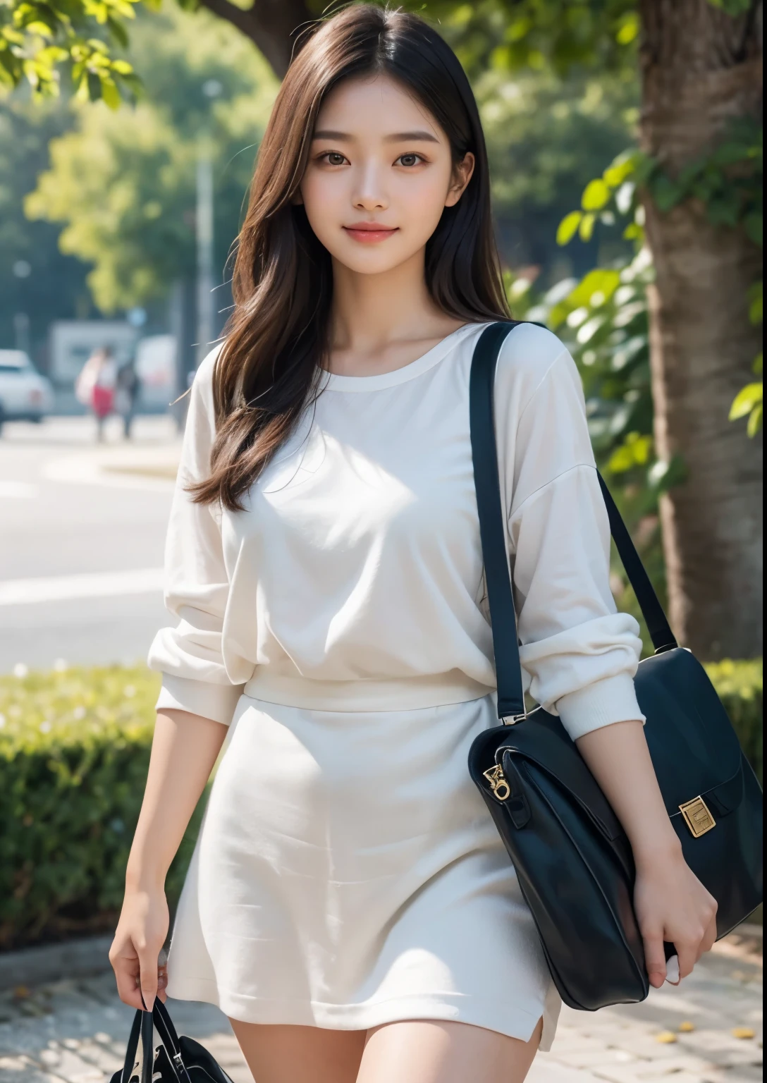 a pretty sweet 16 year old Korean girl going to school, pretty above knee length , school bag, school books, long hair, beautiful detailed eyes, beautiful detailed lips, extremely detailed eyes and face, longeyelashes, soft lighting, natural skin, detailed hair, 1girl,high-quality,8k,realistic,photorealistic,vivid colors,masterpiece,elegant,cute,sweet,lovely,charming,beautiful,adorable, beautiful face, realistic face, realistic skin, realistic smile, realistic atmosphere, every thing is realistic, cutest smile, realistic body, realistic body language, mouth watering beauty, standing, upper body shot, cute face, stylish look, stylish angles, tempting eyes, realistic hands, realistic arms, realistic hand fingers, realistic legs