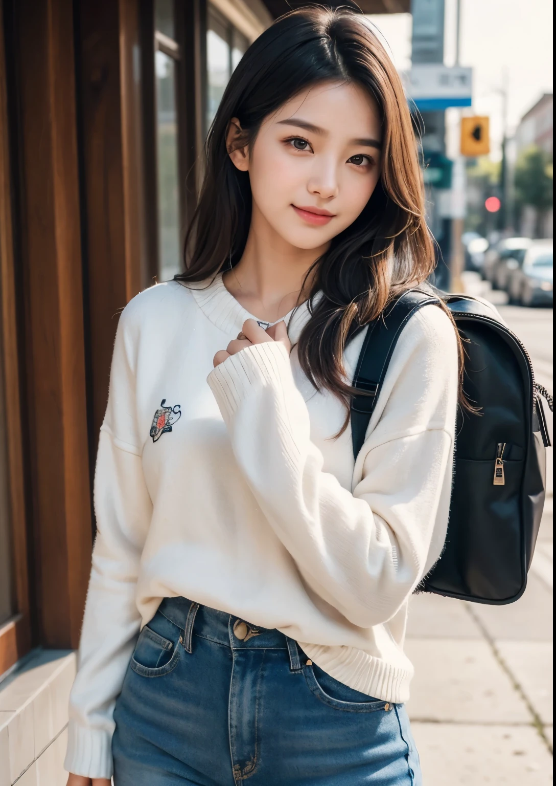 a pretty sweet 16 year old Korean girl going to school, pretty above knee length , school bag, school books, long hair, beautiful detailed eyes, beautiful detailed lips, extremely detailed eyes and face, longeyelashes, soft lighting, natural skin, detailed hair, 1girl,high-quality,8k,realistic,photorealistic,vivid colors,masterpiece,elegant,cute,sweet,lovely,charming,beautiful,adorable, beautiful face, realistic face, realistic skin, realistic smile, realistic atmosphere, every thing is realistic, cutest smile, realistic body, realistic body language, mouth watering beauty, standing, upper body shot, cute face, stylish look, stylish angles, tempting eyes, realistic hands, realistic arms, realistic hand fingers, realistic legs