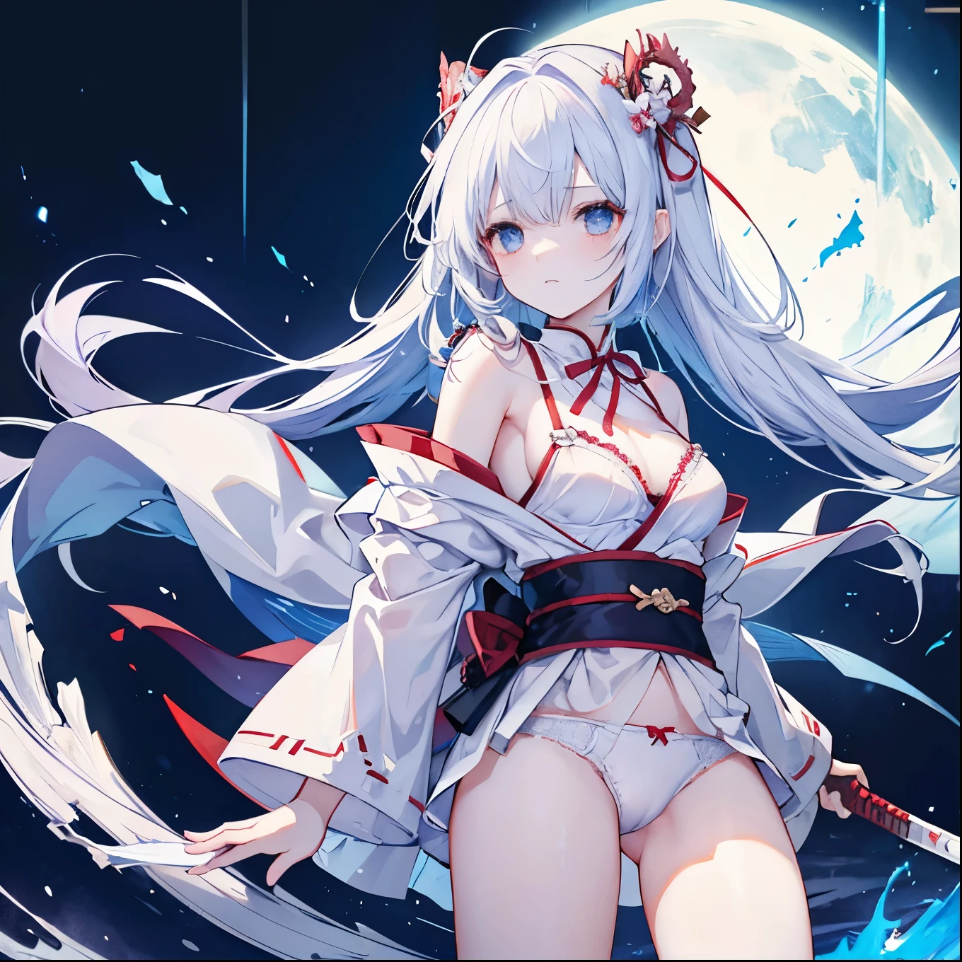 Many sword and gunshot wounds、Heavy bleeding、Cute white underwear with ribbon、Cute white bra with ribbon、Japanese sword and dragon sheath、A magic swordsman who uses blue flames