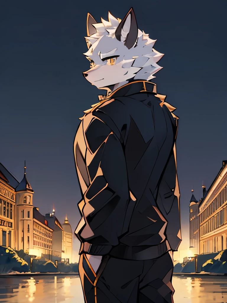 Exquisite lines,best quality,Gold Orc,male,Wearing black sweatshirt,Golden pupils,Background City,night,Stand on the banks of the river,Looking into the distance