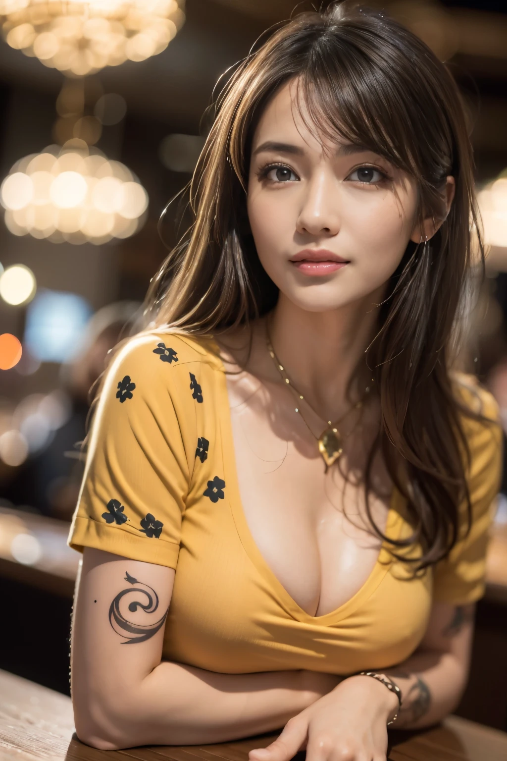 Tabletop, highest quality, Photorealistic, Super detailed, High resolution, 8k wallpaper, 1. Beautiful Women, Wear a brightly colored printed shirt, At the pub, View your viewers, At night, Light brown messy hair, Perfect dynamic composition, Beautiful fine details