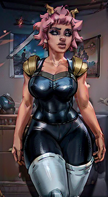 (melhor qualidade:1.3), (Qualidade 4K), 1 mulher madura, Mina Ashido de boku no hero, ((rosto detalhado)), (corar), cidade, (leather trousers)
