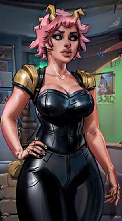 (melhor qualidade:1.3), (Qualidade 4K), 1 mulher madura, Mina Ashido de boku no hero, ((rosto detalhado)), (corar), cidade, (leather trousers)