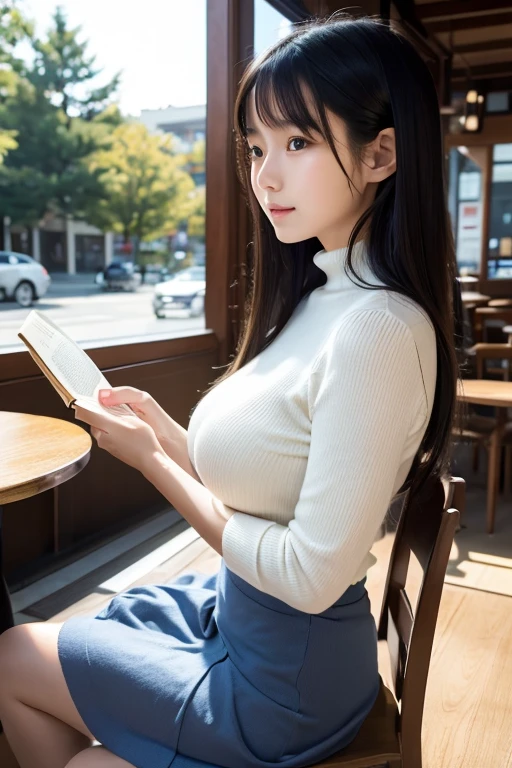 Very young Japanese woman reading a book in a cafe,Firm breasts,White short-sleeved turtleneck knit,Long skirt,Big breasts,Black Hair,Long Hair,Soft lips,Fine skin,(Glowing Skin),(masterpiece:1.4),(highest quality:1.4),Yoshitomo Nara,mayuri shiina, Beautiful Japanese girl face,Beautiful Asian Girl, yasumoto oka,Photo taken from the side of the cafe