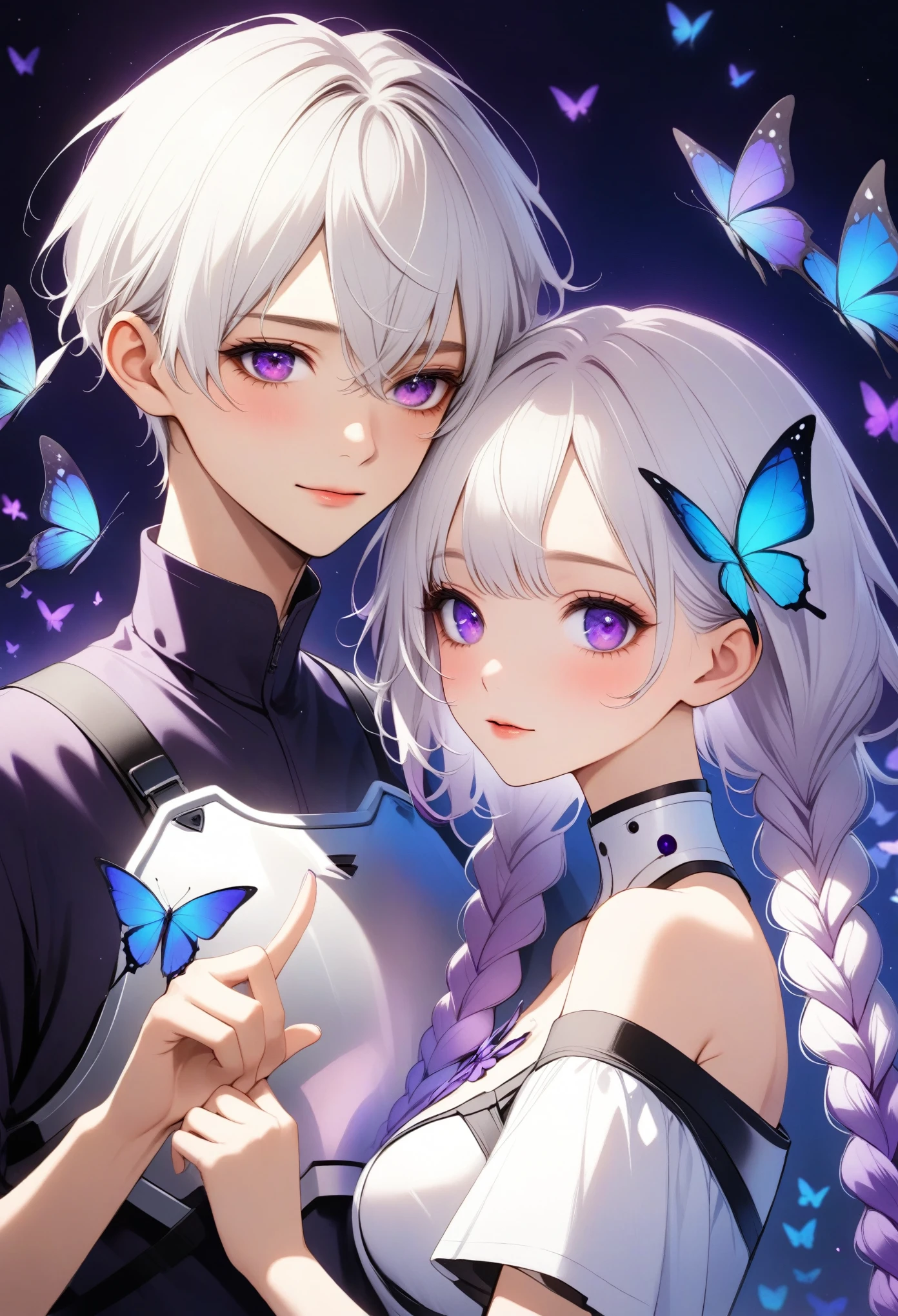 Heterosexual couples,bust, Purple Eyes,Bright Eyes,(((Girl White Hair-Purple-2-Long Braids))),(((Boys' short hair hairstyle,)))。A butterfly on a finger,High collar off-shoulder short sleeves,There is a blue circular halo on the chest,Tech-inspired clothing,white breastplate,Surrounded by swarms of blue butterflies,Blurred Background,Dreamy purple theme,Aesthetic,Dark background,Digital illustration style, Fluorescent purple and blue color scheme,
