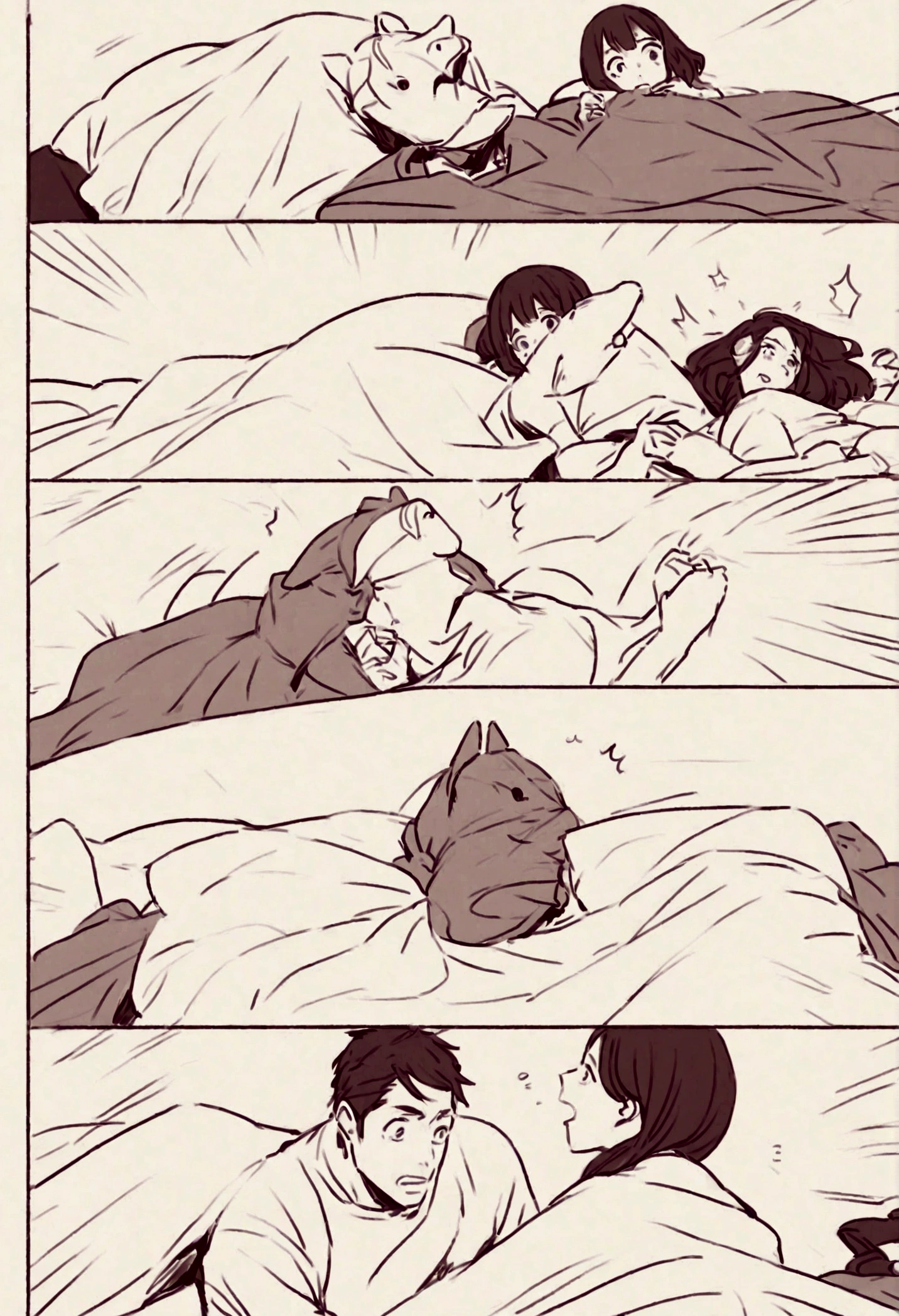 Create a humorous image set in a modern bedroom with a white bed. On the bed, a man is lying down wearing a horse mask, creating a comedic effect. Next to him, a woman with long dark hair, wearing a white shirt, is looking surprised at a large bulge under the blanket. The blanket has a red dashed line emphasizing the bulge. Make sure the scene captures the woman's surprised expression and the absurdity of the man wearing a horse mask.