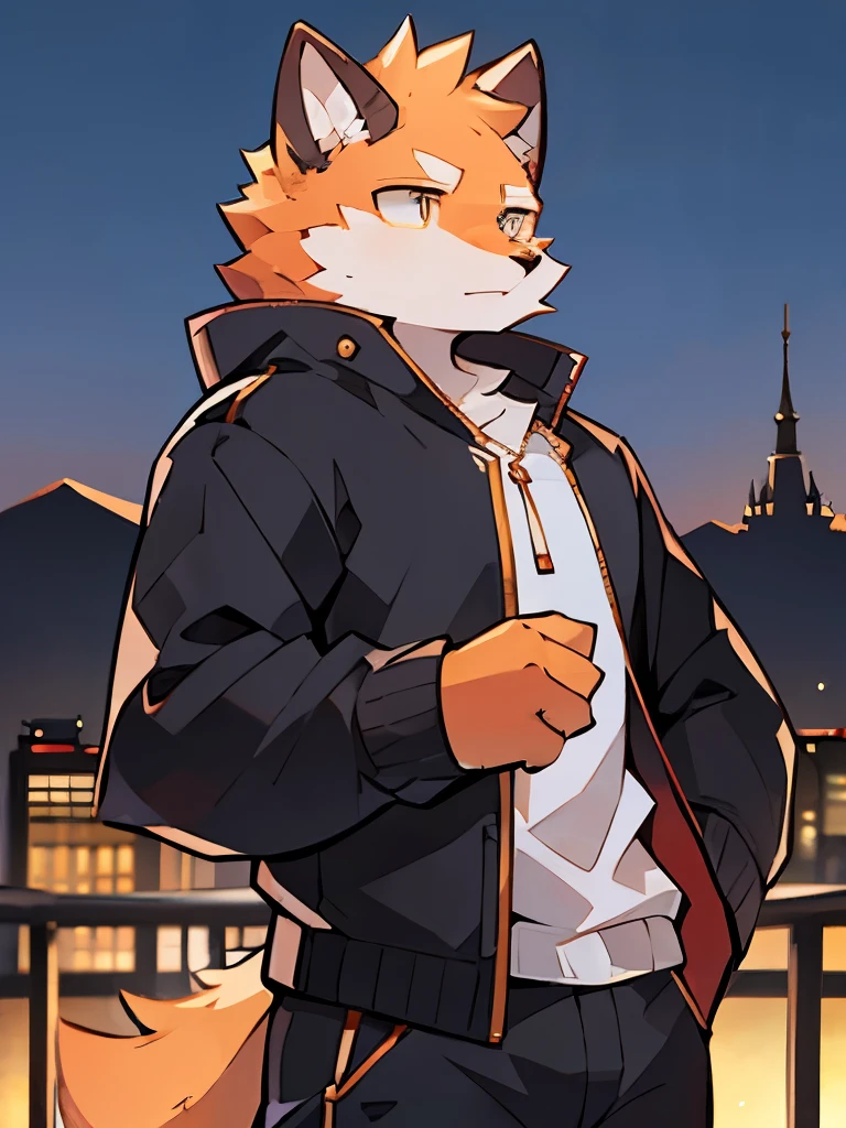 Exquisite lines,best quality,Orange Orc,male,Wearing black sweatshirt,Golden pupils,Background City,night,Stand on the banks of the river,Looking into the distance