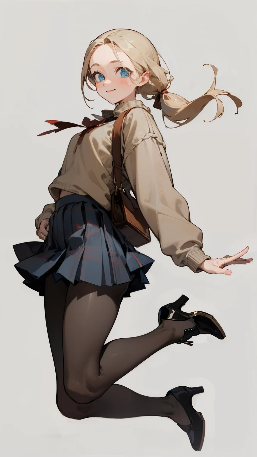 (masterpiece), ((best quality)), (super detailed), (beautiful eyes beautiful details eyes, Clean and delicate face), (whole body, standing), Single Braided blonde pony tail, parted bangs, forehead, blue eye, smile, jumping, wearing sweater and plaid pleated skirt, pantyhose, thigh, high heels, simple color background