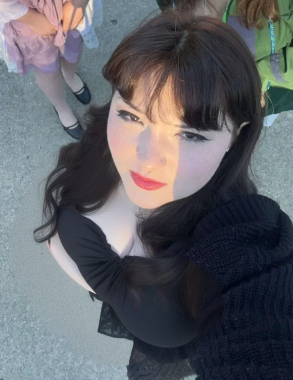 araffe woman with long black hair and red lipstick looking up at the camera, pale goth beauty, profile picture, very pale skin, profile image, goth girl aesthetic, very very very pale white skin, pale fair skin!!, very very pale white skin, very very low quality picture, very pale white skin, pale ivory skin, goth girl, Big tits, huge , from above, major cleavage, cleavage showing, deep cleavage, low cut shirt, deep cleavage