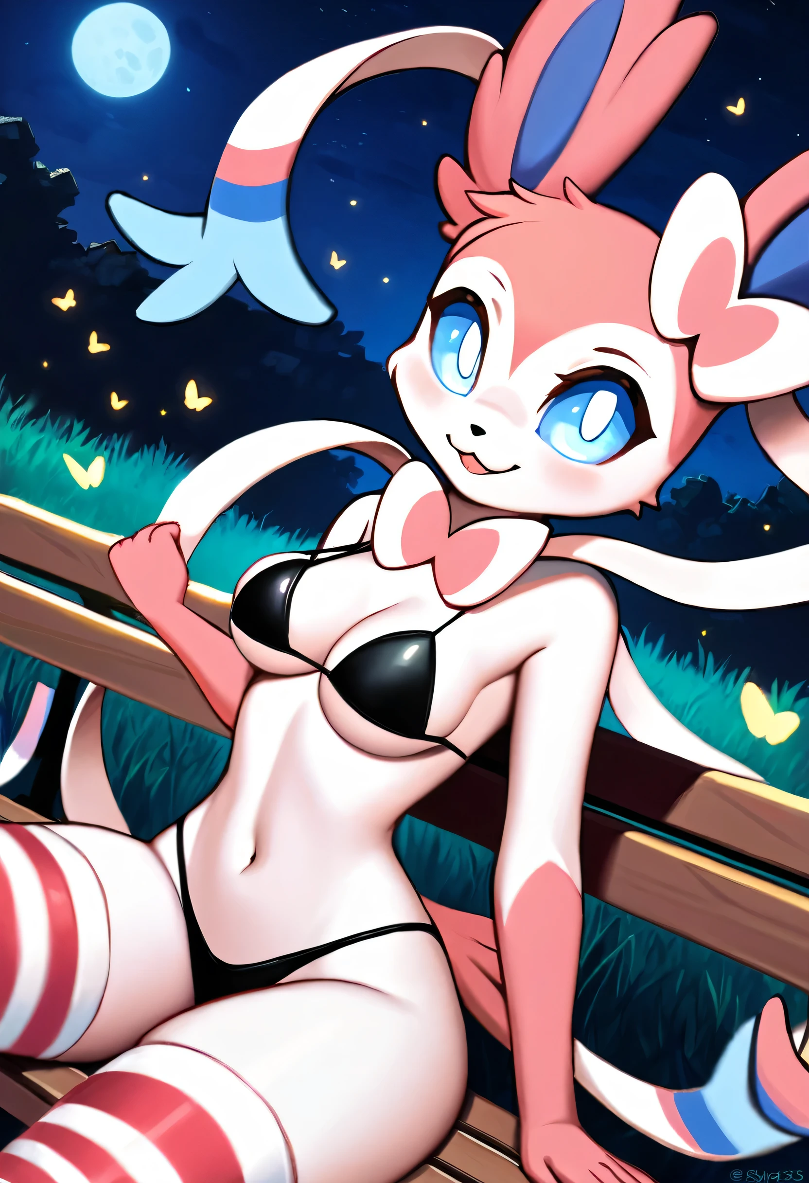 canid, canine, mammal, sylveon, [Disney], anime, digital_painting, correct_anatomy, cute, adorable, 1girl, narrow_waist, wide_hips, breasts, bench, sitting, looking_at_viewer, :3, underboob, round_navel, belly, naughty_face, black_micro_bikini, red_thong, pink_stripped_stockings, night, grass, fireflies, night sky, newest, 2023, ((masterpiece, best_quality)), hi_res, hd, questionable