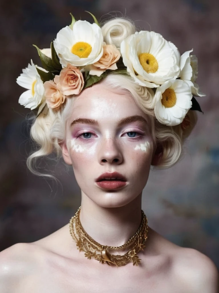 Vivienne Westwood fashion editorial style of a white unicorn with vitiligo , pale skin,  floral organic dreamy,  high fashion, trendy, stylish, editorial, magazine style, professional, highly detailed