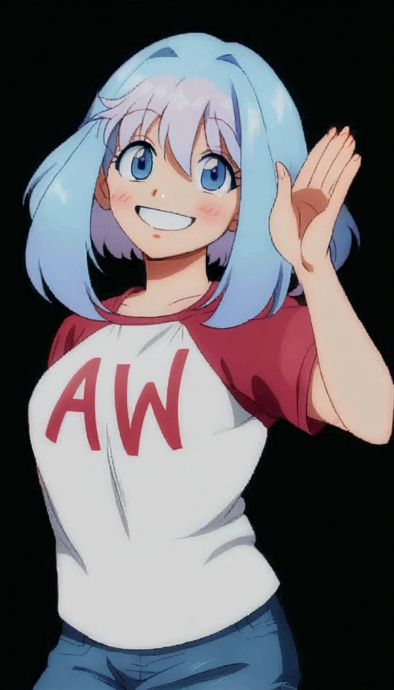 a cartoon girl with pink hair and a white shirt waving, 2 d anime style, anime waifu, in an anime style, anime woman, an anime girl, anime style character, in anime style, waving, awwwww, anime styled, anime moe artstyle, 2 d anime, anime artstyle, anime vibes, flat anime style shading, official fanart , O L in the t shirt