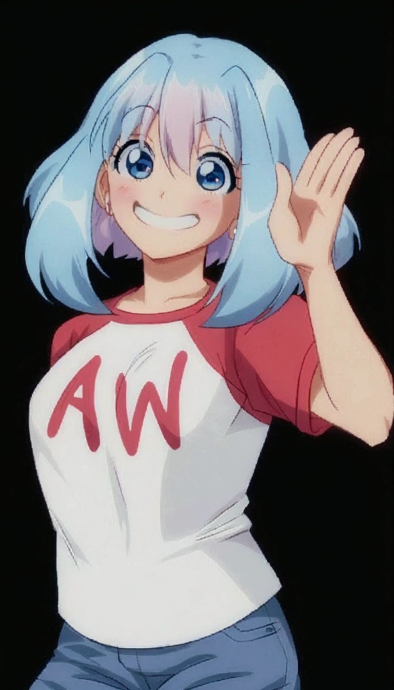 a cartoon girl with pink hair and a white shirt waving, 2 d anime style, anime waifu, in an anime style, anime woman, an anime girl, anime style character, in anime style, waving, awwwww, anime styled, anime moe artstyle, 2 d anime, anime artstyle, anime vibes, flat anime style shading, official fanart , O L in the t shirt