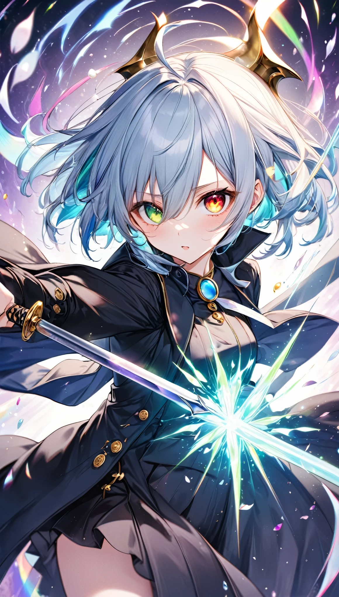 best quality, super fine, 16k, incredibly absurdres, extremely detailed, delicate and dynamic, Tensura, Rimuru Tempest, androgynous beauty and cute, big round gold eyes, (heterochromia, emerald gold eye, red eye), light blue messy hair, wearing bold black long coat, rapier, thin flat body line, beautiful pose, demon Lord's aura swirls in black and purple effects, iridescent petals fluttering down, iridescent light effects, beautiful artistic piece of art