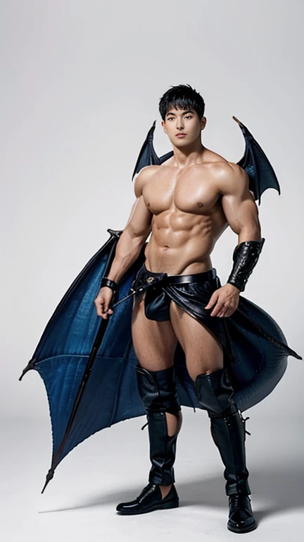 1 handsome naked Japanese guy，sexy posture, A 20 year-old man wearing a bare chest shirt and  no shorts stands against a white background,，Masculine，muscular, bare chest, handsome，High，detailed Muscles look good，hairy body，sexy expression, Wheat complexion，black eyes（thin eyes 1：3），Full body image,wearing  sexy dragon warrior leather costume with long big blue dragon wings , show dick, perfect dick shape, erection, detailed dick, masturbate long big fat dick, open legs