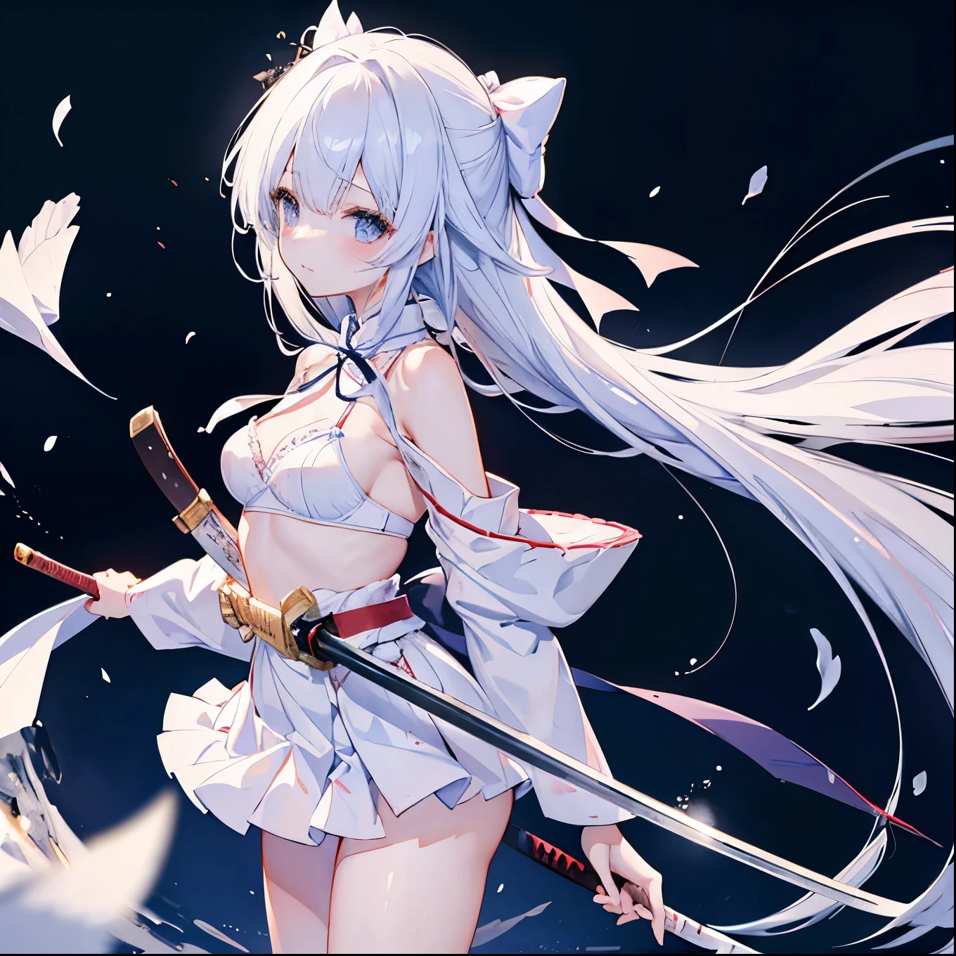 Many sword wounds、Heavy bleeding、Cute white underwear with ribbon、Cute white bra with ribbon、Japanese sword and longbow、Light blue cute robe