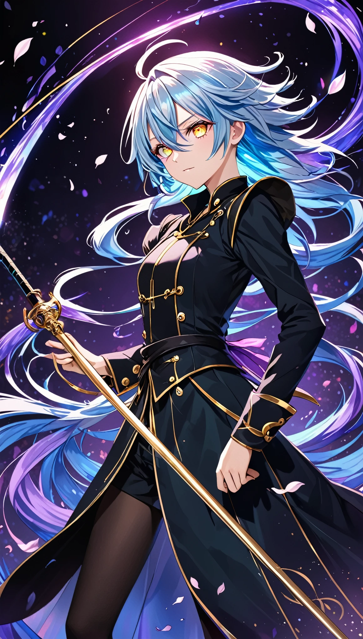 best quality, super fine, 16k, incredibly absurdres, extremely detailed, delicate and dynamic, Tensura, Rimuru Tempest, androgynous beauty and cute, big round gold eyes, (heterochromia, emerald gold eye, red eye), light blue messy hair, wearing bold black long coat, rapier, thin flat body line, beautiful pose, demon Lord's aura swirls in black and purple effects, iridescent petals fluttering down, iridescent light effects, beautiful artistic piece of art