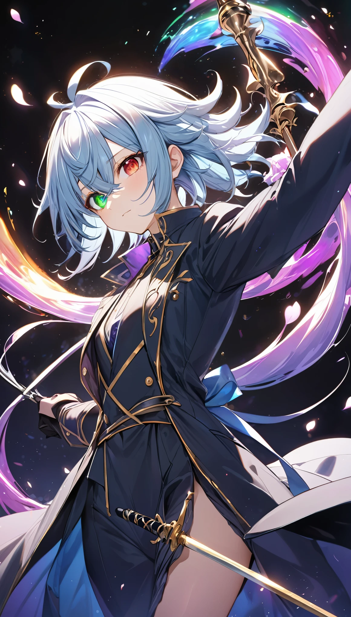 best quality, super fine, 16k, incredibly absurdres, extremely detailed, delicate and dynamic, Tensura, Rimuru Tempest, androgynous beauty and cute, big round gold eyes, (heterochromia, emerald gold eye, red eye), light blue messy hair, wearing bold black long coat, rapier, thin flat body line, beautiful pose, demon Lord's aura swirls in black and purple effects, iridescent petals fluttering down, iridescent light effects, beautiful artistic piece of art