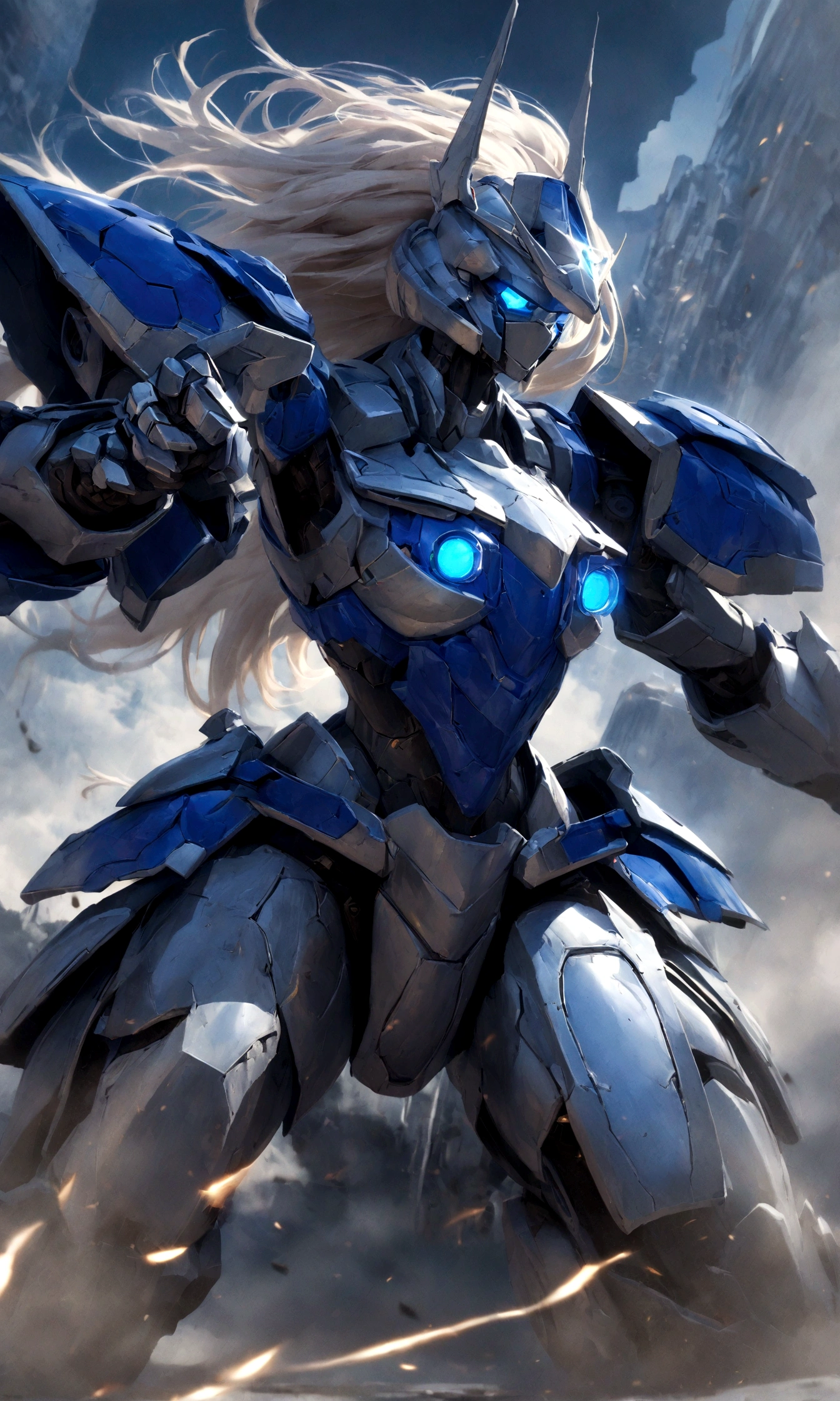 nousr robot, masterpiece, best quality, 8k, fantasy photo of beautiful (nude female wear very skimpy blue chrome mecha armor:1.2), (perfect face:1.2), (long hair:1), photorealistic highly detailed hard surface modeling texture, wind blow, dark blue skies, sci-fi city, reflection of light, reflective lighting, sharp focus, dynamic battle pose, face focus, manga effect, by greg rutkowski and viktoria gavrilenko