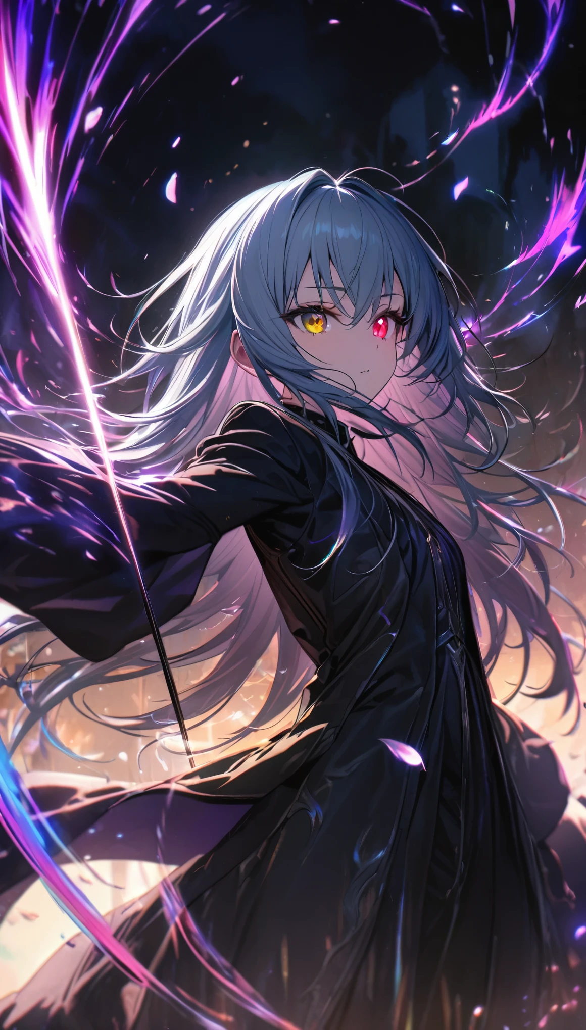 best quality, super fine, 16k, incredibly absurdres, extremely detailed, delicate and dynamic, Tensura, Rimuru Tempest, androgynous beauty and cute, big round gold eyes, (heterochromia, emerald gold eye, red eye), light blue messy hair, wearing bold black long coat, rapier, thin flat body line, beautiful pose, demon Lord's aura swirls in black and purple effects, iridescent petals fluttering down, iridescent light effects, beautiful artistic piece of art