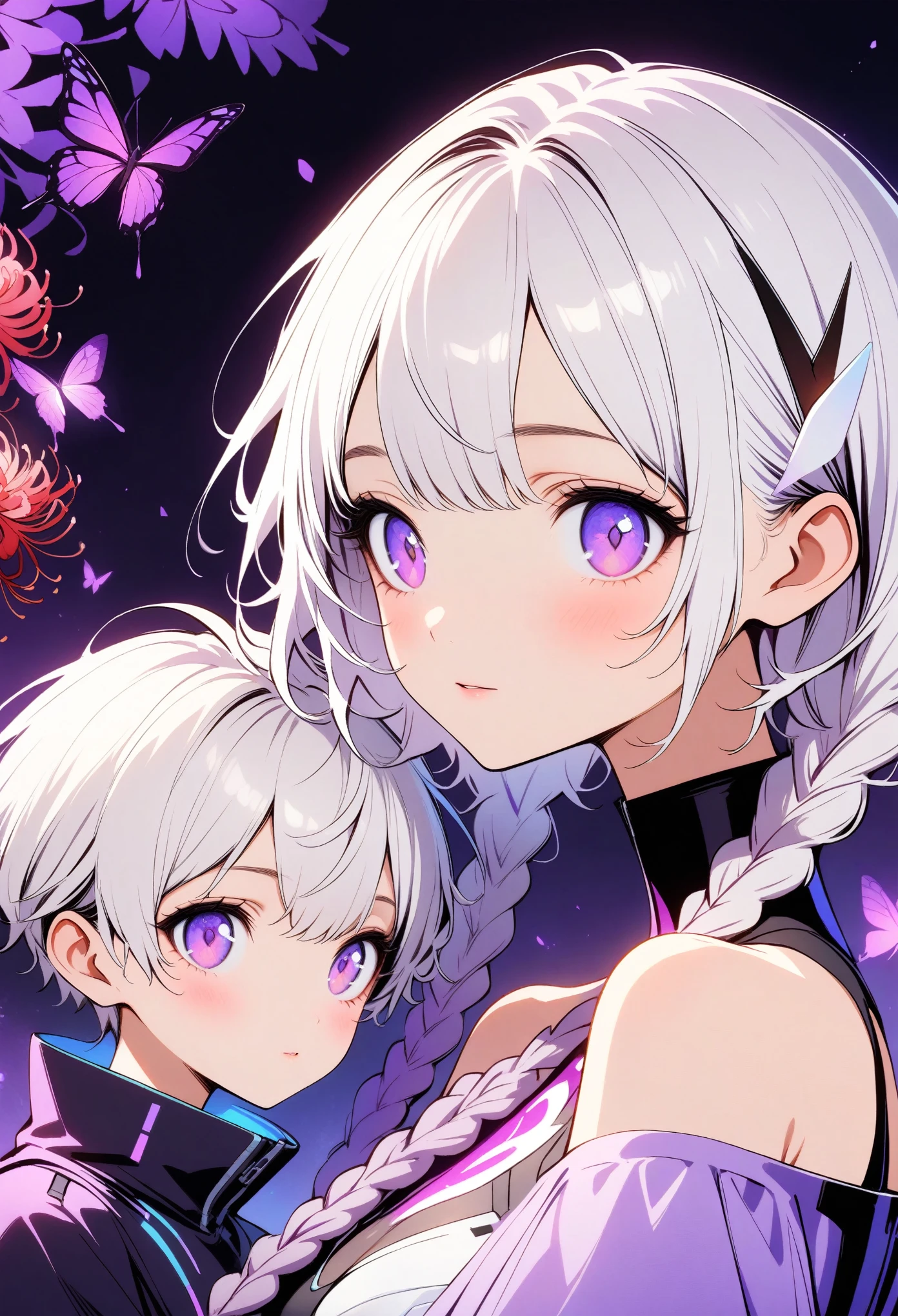 Couple，Half-length portrait， Purple Eyes，Bright Eyes，(((Girl white hair-purple-2-long braids)))，(((Boys short hair，)))。High collar off-shoulder short sleeves，Blue round glow on chest，Tech-inspired clothing，Red spider lily，Red chrysanthemum，Surrounded by swarms of butterflies，blur background，Dreamy purple theme，Aesthetic，Dark background，Digital illustration style, Fluorescent violet color scheme,
