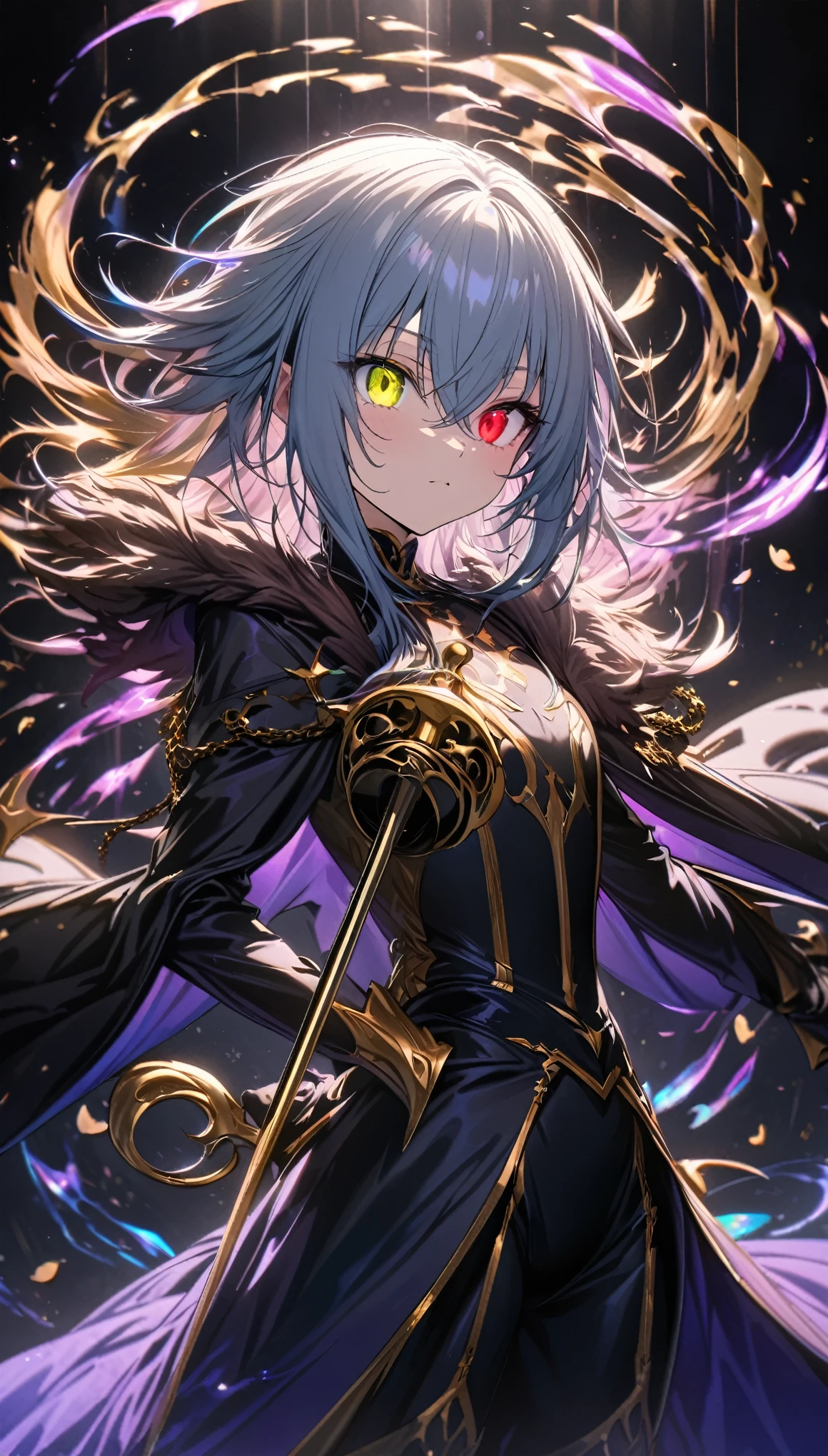 best quality, super fine, 16k, incredibly absurdres, extremely detailed, delicate and dynamic, Tensura, Rimuru Tempest, androgynous beauty and cute, big round gold eyes, (heterochromia, emerald gold eye, red eye), light blue messy hair, wearing bold black long coat, rapier, thin flat body line, beautiful pose, demon Lord's aura swirls in black and purple effects, iridescent petals fluttering down, iridescent light effects, beautiful artistic piece of art