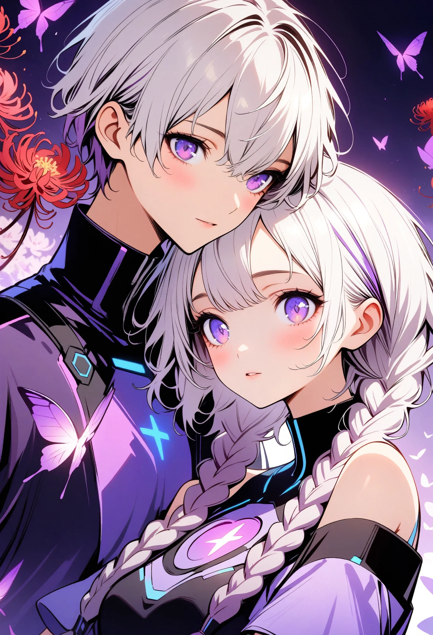 Couple，Half-length portrait， Purple Eyes，Bright Eyes，(((Girl white hair-purple-2-long braids)))，(((Boys short hair，)))。High collar off-shoulder short sleeves，Blue round glow on chest，Tech-inspired clothing，Red spider lily，Red chrysanthemum，Surrounded by swarms of butterflies，blur background，Dreamy purple theme，Aesthetic，Dark background，Digital illustration style, Fluorescent violet color scheme,
