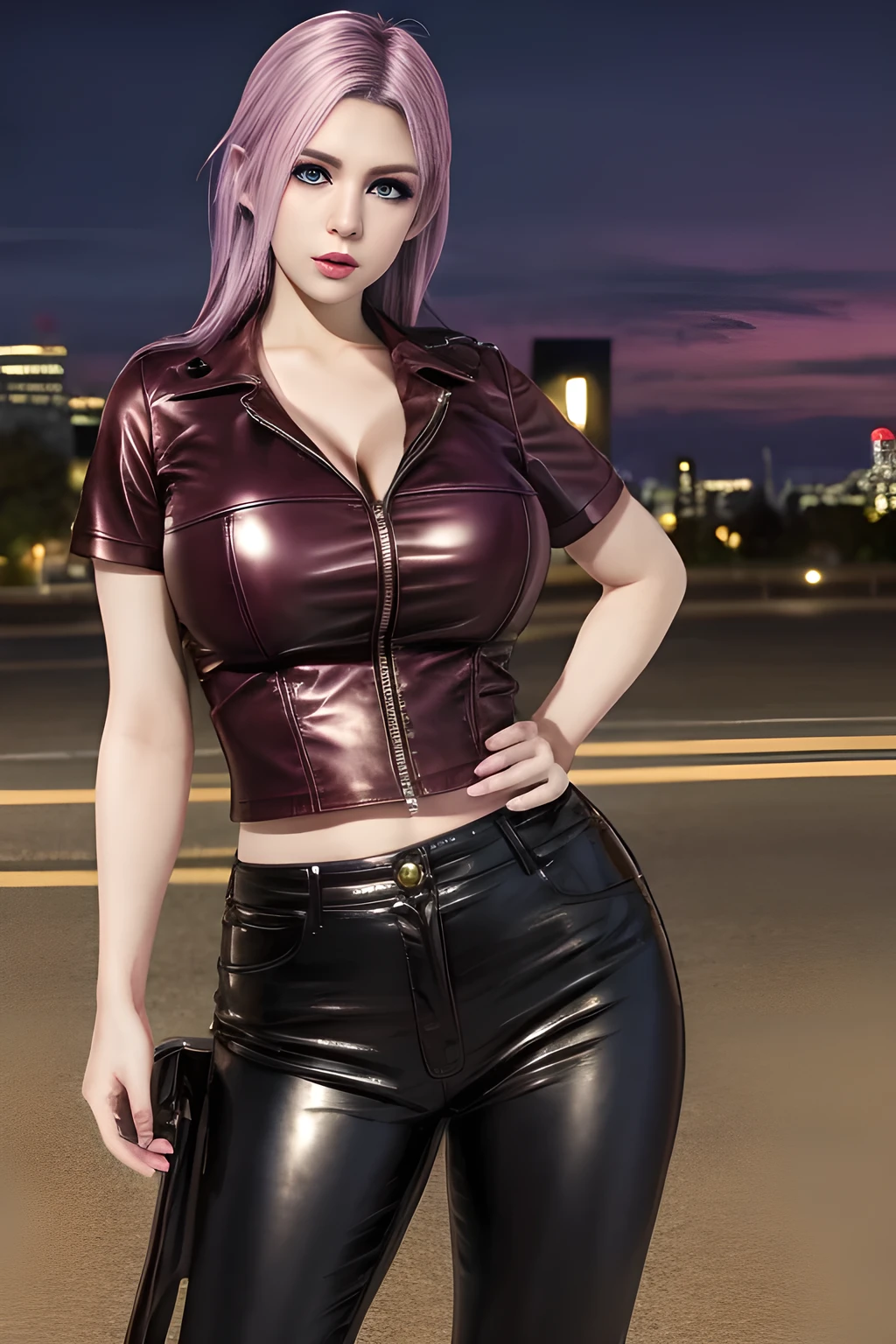1girl, leather shirt, leather pants, cool attitude, standing pose, beautifully detailed eyes, beautifully detailed lips, extremely detailed eyes and face, long eyelashes, huge breasts, city background, city at night, (best quality, 4k, 8k, high resolution, masterpiece: 1.2), ultra details, (realistic, photo-realistic, photo-realistic: 1.37), bright colors, street lighting,  elise,