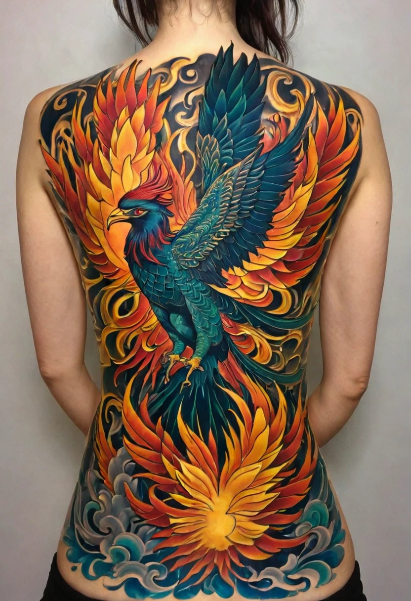 Back Tattoo, a highly detailed tattoo of a phoenix on a woman's back, intricate phoenix feathers, stunning details, realistic skin textures, dramatic lighting, cinematic composition, dramatic contrast, glowing eyes, powerful dynamic pose, moody dark colors, intricate ornate patterns, photorealistic, 8k, best quality, masterpiece
