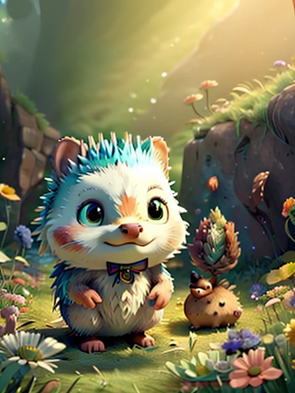 landscape style /Three-dimensional image, double exposure, fantasy, fabulous botany, illustration,
//forest glade, summer, daisies, cornflowers, butterflies fly,a fabulous cute hedgehog with a bouquet of daisies in his paws in a clearing, next to a hedgehog, he gives a bouquet to her.// microdetalization, gentle fabulous style of Giotto di Bondone.