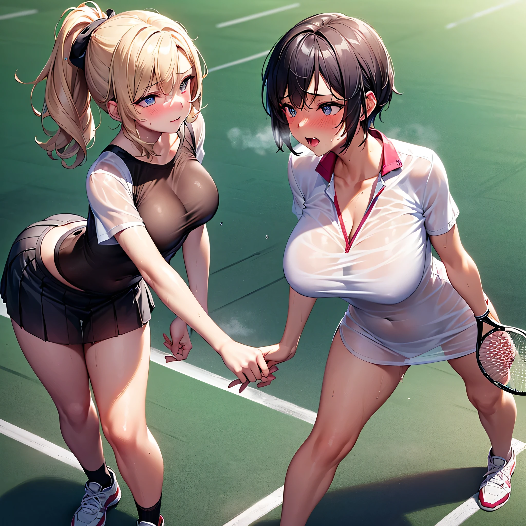 best quality,ultra-detailed,high resolution,extremely detailed CG,perfect anatomy,detailed,cinematic lighting,beautiful detailed eyes,ultra high res,(2girls:1.5),18years old,gleaming skin,oil skin,sweat,humid,trembling,strong light coming in,spot lighting,bright,revealing,nose blush,nsfw,(slut:1.2),(steam:1.2),(wet:0.8),(trembling:0.8),(drooling:0.6),(sweat:0.8),(nsfw:1.2),(Tennis uniform:1.2),(Young:1.2),Japanese,(Tennis court:1.2),large breasts,(Random Hairstyles:1.2),(Sexy pose:1.5),(full body:1.2),skirt,(Sheer tops:1.5),Shyness,(lure:1.9),(Lesbian:1.9),(Taunt:1.9)