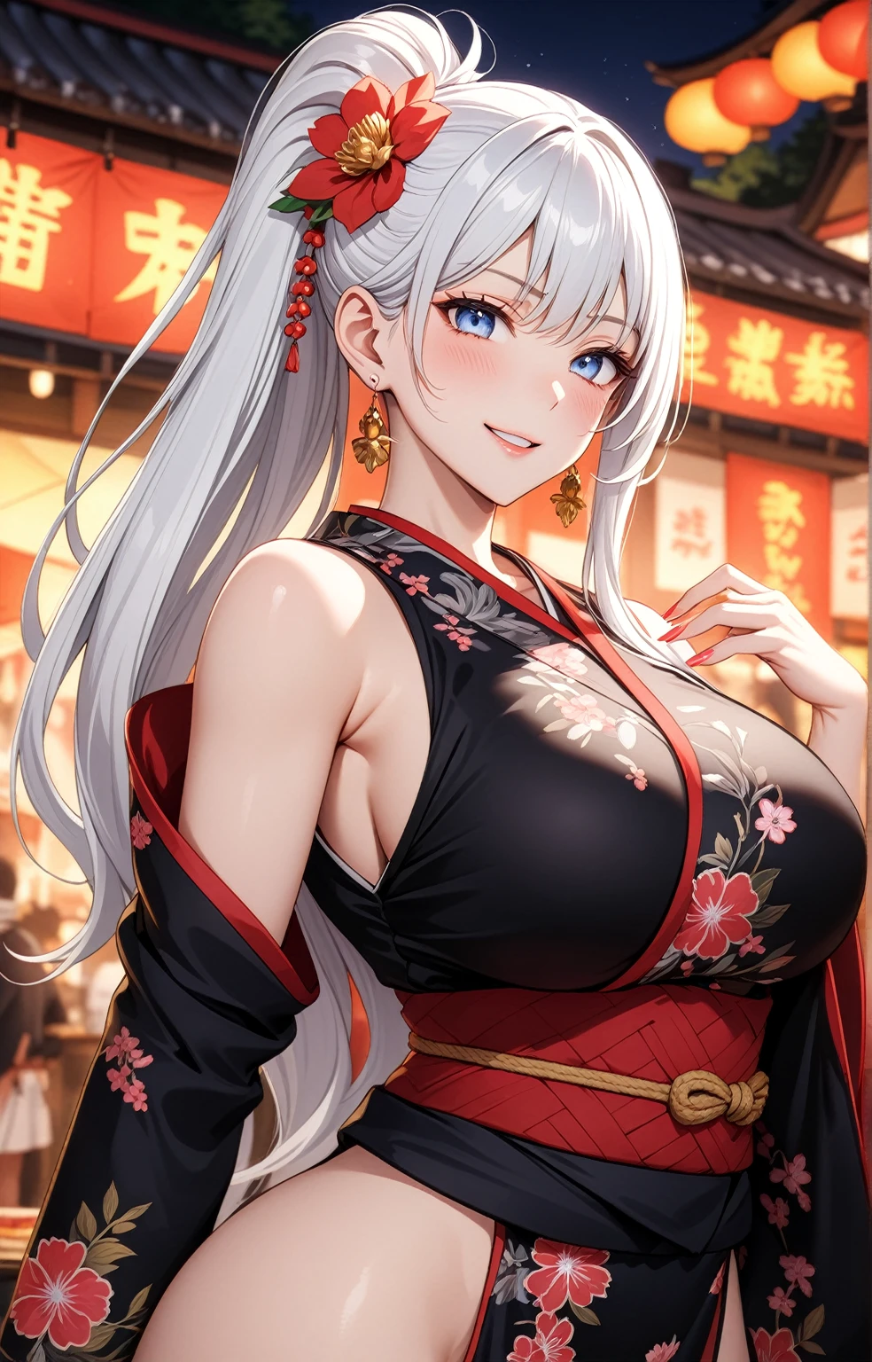 ((one personの女性)), Beautiful Face,Laugh shyly,((Wink:1.7)),Laughing with your mouth open,turn bright red,Glossy pink lips,night,Shrine festival stalls,((Anime style background)),masterpiece, highest quality, so beautiful, up to date, Complex details, (Pink long nails),AI-generated, Complex,High resolution, highest quality, super high quality,3D Images、View your audience、3D Images,one person,Long white hair,High Ponytail,blue eyes,Anime woman posing for a photo, [[Fine grain、Colorful eyes、Shining Eyes:1.15]],(Squint your eyes:1.1),a hyperRealistic , hyperRealistic , Realistic,Long haired white haired anime woman, Smooth anime CG art, A woman in a colorful kimono with gold embroidery, (Black kimono),Red floral pattern,Long flower hair ornament,Big earrings,(Big Breasts:1.1),Mature Body,tall,Big Ass,Fine details,Tight waist,Abdominal muscles,(Face close-up:1.3),Tilt your face,Shooting from an angle