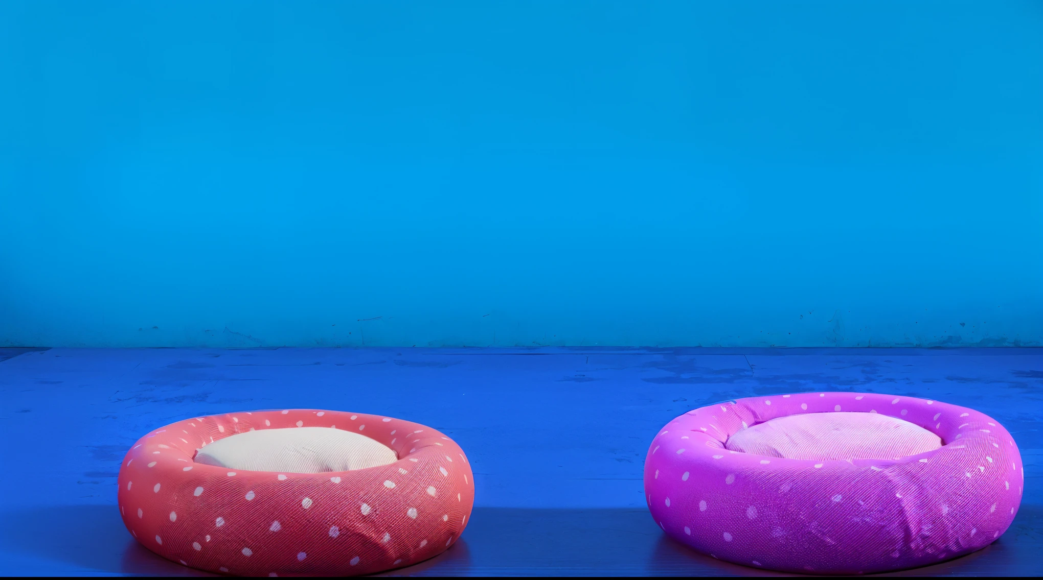 A scene with two round pet beds made from shiny, satin fabric. The pet beds are brightly colored, one in red and the other in purple, both with a glossy, smooth texture. The background is a vivid blue wall with a matching blue floor, creating a rich, saturated, and realistic lighting environment. The satin fabric of the pet beds reflects the light beautifully, enhancing their luxurious appearance and making the scene visually striking  мультяшный рендеринг ключевого кадра, cute 3D rendering, Shiny metallic,Create ultra sharp  цветной рендеринг zbrush. perfect cgi, cgi art created only with gradients, smooth silhouette, Create ultra sharp skin, high intensity refraction, (plastic material), most beautiful vfx, blue background, plastic refractions, glossy texture, smooth 3d model, multiple light sources, rim light, sharp post effects render, (glossy plastic texture with multiple big light probe refractions), perfect cgi, cgi art created only with gradients, smooth silhouette, high intensity refraction, (plastic material), most beautiful vfx, blue background, plastic refractions Create ultra sharp