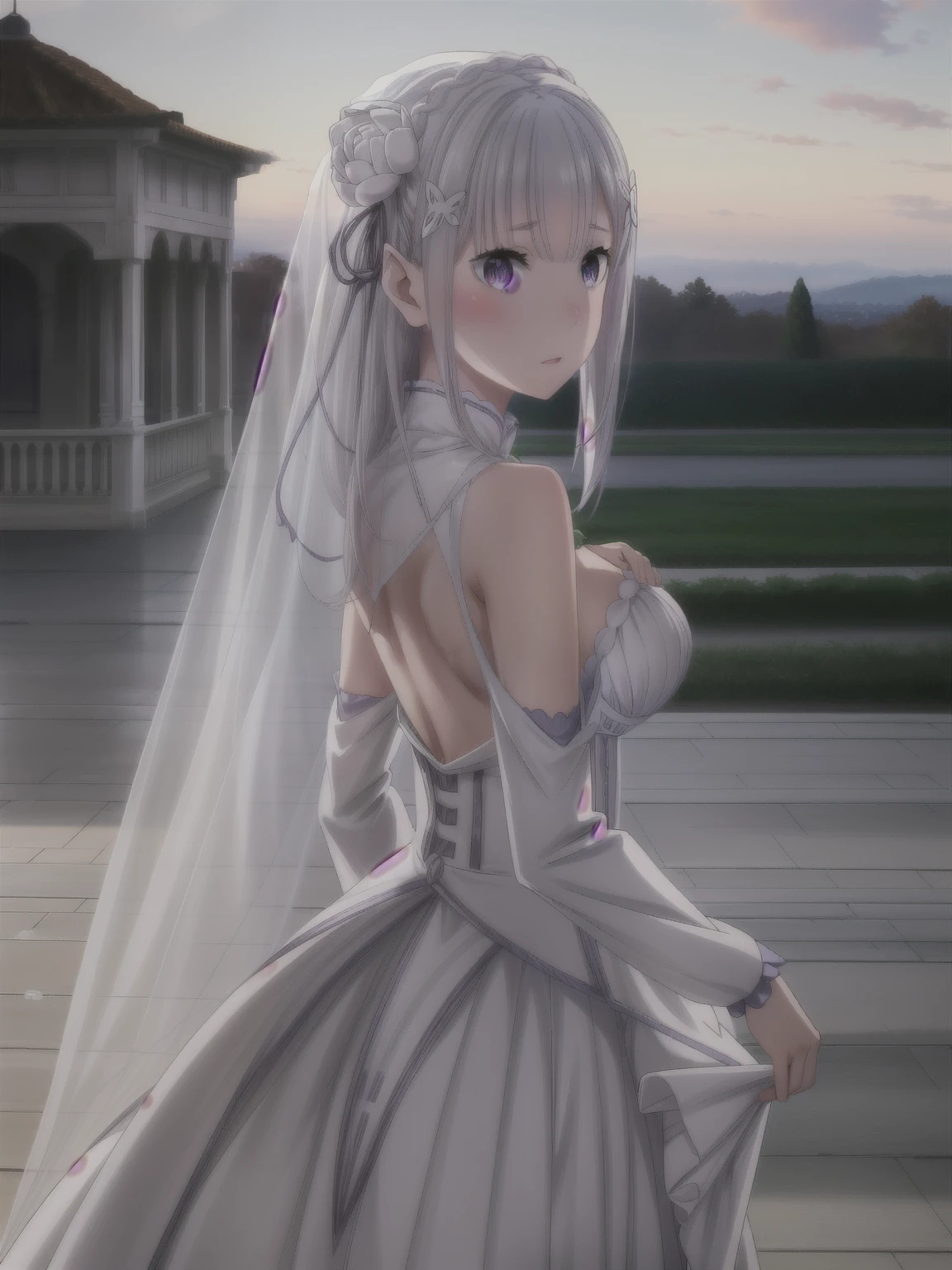Masterpiece, Committed to ultra-high definition and vivid colors, Super detailed, Attention to detail, highest quality, 8K, 16K, Exquisite detail, A style that combines romanticism and realism, High resolution, Perfect Anatomy, ((Dressed in a wedding dress))emiria, Emilia, Looking back at me, Angle later, Bokeh