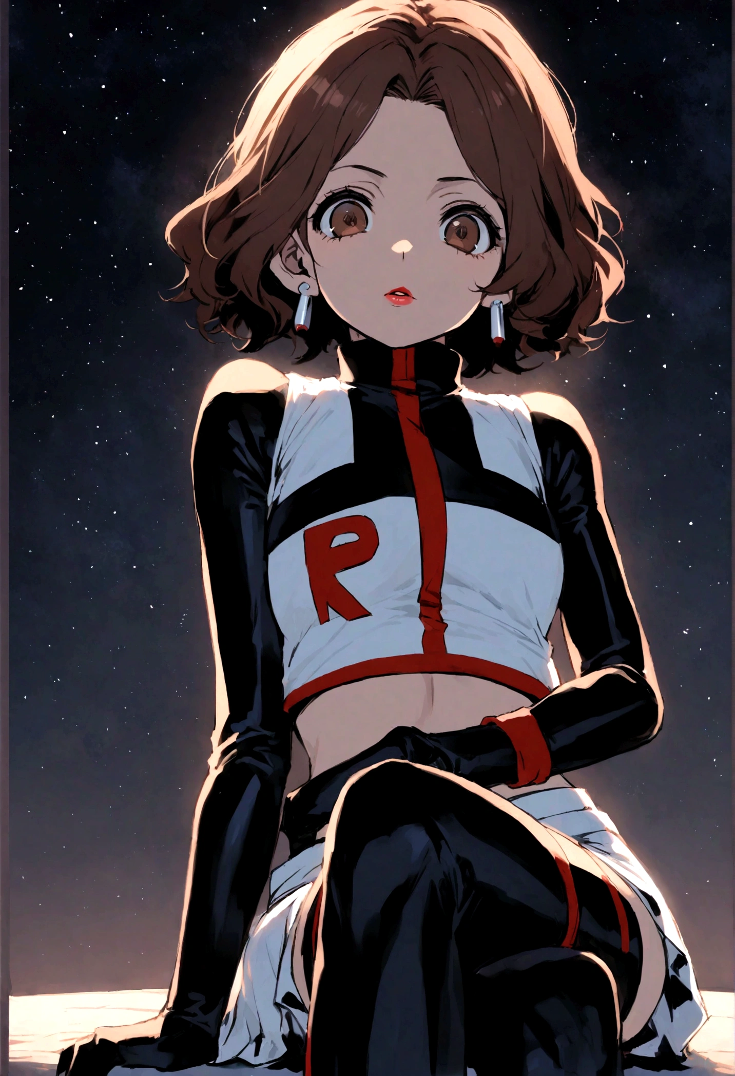 haru okumura, (brown eyes:1.5), brown hair, short hair, earrings ,lipstick, eye shadow ,team rocket uniform, red letter R, white skirt,white crop top,black thigh-high boots, black elbow gloves, evil villianess look, looking down on viewer, sitting ,crossed legged, night sky background