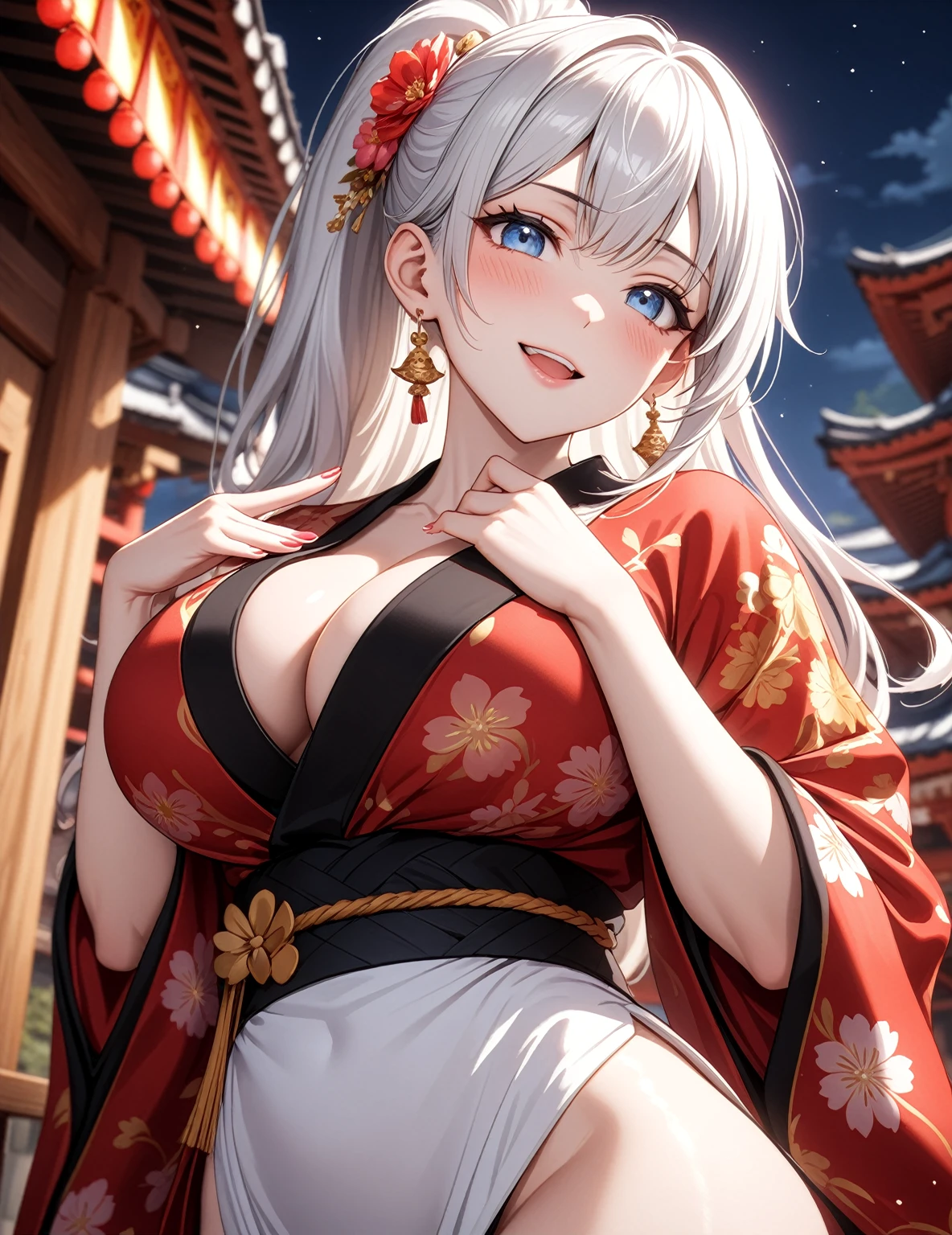 ((one personの女性)), Beautiful Face,Laugh shyly,((Wink:1.7)),Laughing with your mouth open,turn bright red,Glossy pink lips,night,Shrine festival sexpensives,((Anime style background)),masterpiece, highest quality, so beautiful, Latest, Complex details, (Pink long nails),AI-generated, Complex,High resolution, highest quality, super high quality,3D Images、View your viewers、3D Images,one person,Long white hair,High Ponytail,blue eyes,Anime woman posing for a photo, [[fine grain、Colorful eyes、Shining Eyes:1.15]],(Squint your eyes:1.1),a hyperRealistic , hyperRealistic , Realistic,Anime woman with long and white hair, Smooth anime CG art, A woman in a colorful kimono with gold embroidery, (Black kimono),Red floral pattern,Long flower hair ornament,Big earrings,(Big Breasts:1.1),Mature Body,expensive,Big Ass,Fine details,Tight waist,Abdominal muscles,(Face close-up:1.5),Tilt your face,Shooting from an angle,Praying with hands together,