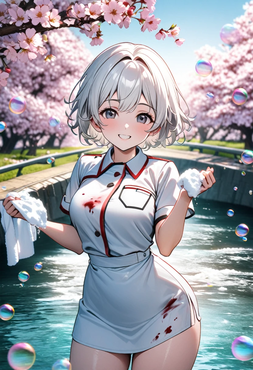 A high quality 8k full HD photo of a military nurse with white short hair washing clothes in a river under a blooming cherry tree, a small amount of blood on her clothes, (spreading the white laundry with both hands and holding it up to the sun,) many big soap bubbles flying around, Shot from the side diagonally below