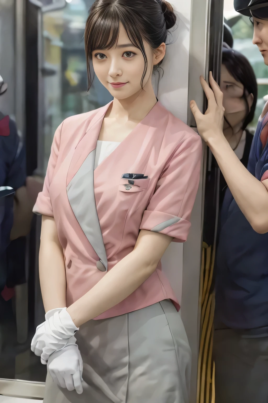 (masterpiece:1.2, highest quality:1.2), 32K HDR, High resolution, (alone、1 girl)、(On the rooftop of a building in the daytime、Professional Lighting)、Building rooftop background、(Nankai train crew uniform pinkを着たリアルスタイル)、(Nankai train crew uniform pink short sleeve pink jacket、Nankai Train Crew Uniform Pink Collarless Short Sleeve Blouse、Nankai Train crew uniform pinkのグレー色のキュロットスカート)、Dark brown hair、(Hair tied up、Hair Bun、Hair Bun)、Dark brown hair、Long Shot、Big Breasts、Thin legs、((Great hands:2.0)),((Harmonious body proportions:1.5)),((Normal limbs:2.0)),((Normal finger:2.0)),((Delicate eyes:2.0)),((Normal eyes:2.0)))、smile、(Nankai Train crew uniform pinkのグレー色のキュロットスカートを見せた美しい立ち姿)、Put your hands down、I have nothing in my hands