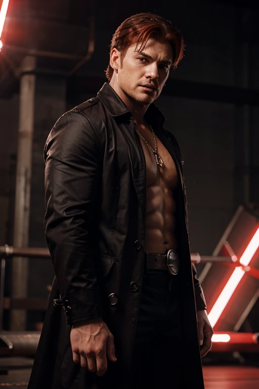 Create a poster of a beautiful strongman superhero with a red crystal on his chest, strong red-haired superhero with scarlet diamond powers wearing a black shirt and a scarlet red overcoat with large spiky red crystals coming out of his back