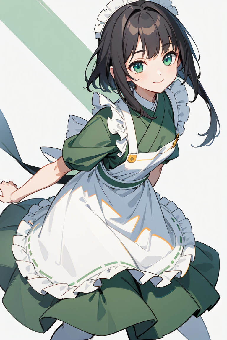 masterpiece, best quality, super high quality, 1 Girl, Solitary, Long hair young man, , black hair,medium bob, Bangs, Small Breasts, neutral, Friendly smile, , Wearing a white and green striped kimono,Wearing a large white apron, maid, , apron, leggings,white garters,Yellow-green tone, whole body, permanent, close up, dynamic poses, Detailed hands, White background, Simple background,