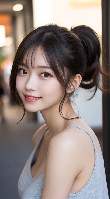 masterpiece, best quality, 8k, high resolution, ultra-detailed, finely detailed, perfect dynamic composition, beautiful detailed eyes, women's fashion summer, ponytail hair, large round breasts, natural color lip, bold sexy poses, smile, harajuku, 18 years old girl, cute, sexy shot looking at camera, head to waist, short bob hair