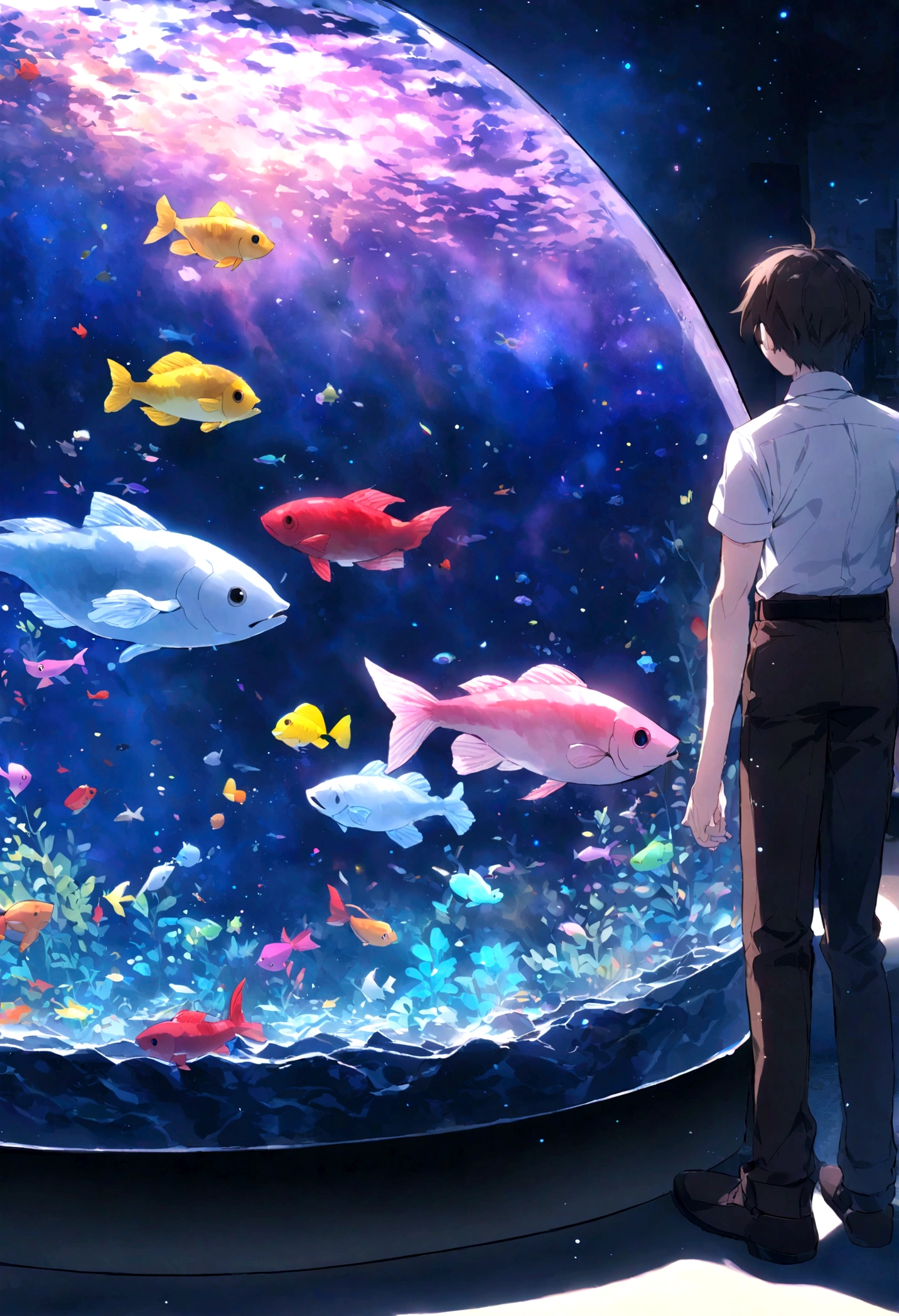 A boy holds a fish tank,男孩被willow枝围住,willow,Holy,Cartoon boy a small fish in the fish tank,Round fish tank,Transparent fish tank,The fish tank is facing away from the avalanche,The Milky Way is ahead,anime big breasts