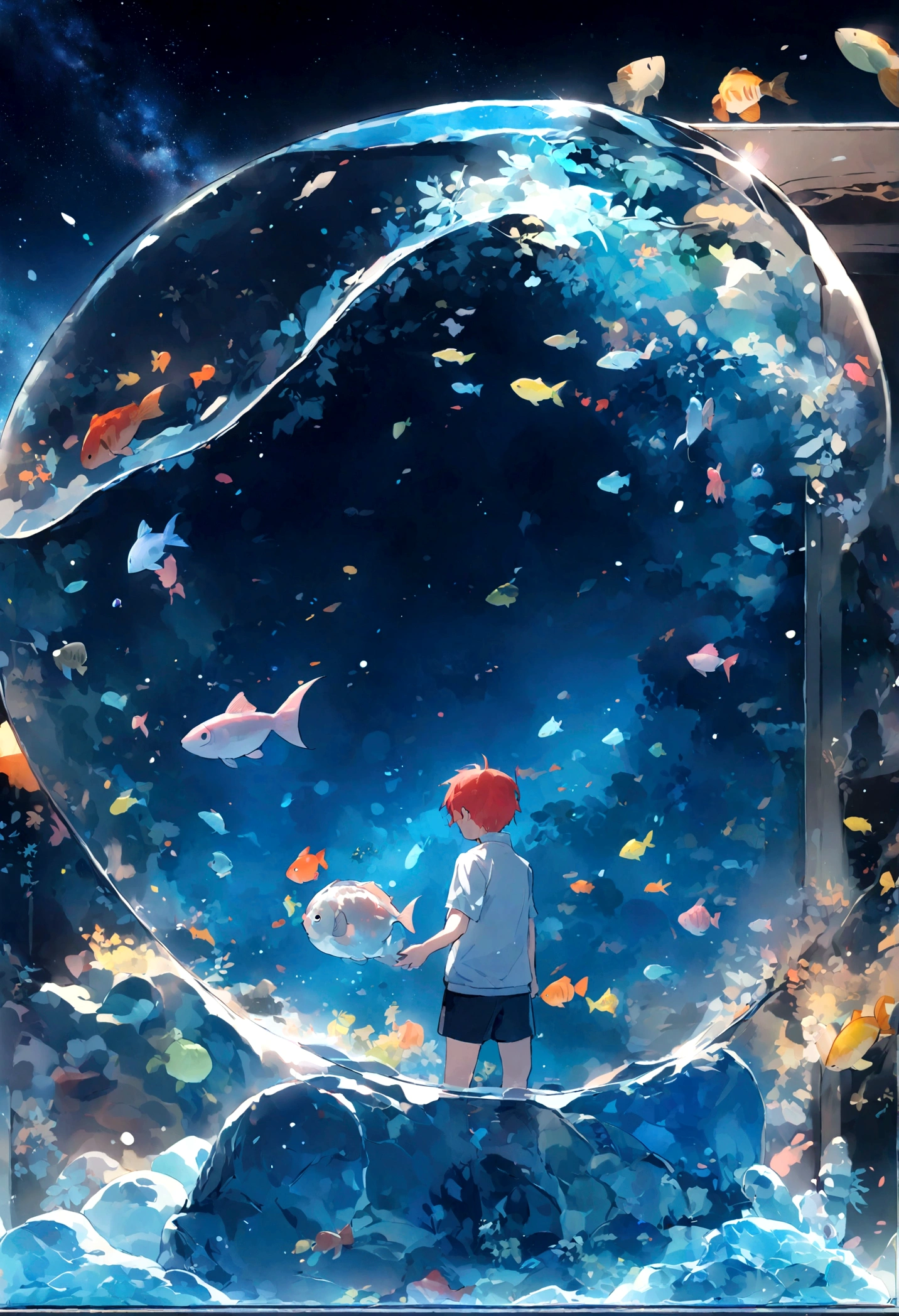 A boy holds a fish tank,男孩被willow枝围住,willow,Holy,Cartoon boy a small fish in the fish tank,Round fish tank,Transparent fish tank,The fish tank is facing away from the avalanche,The Milky Way is ahead,anime big breasts