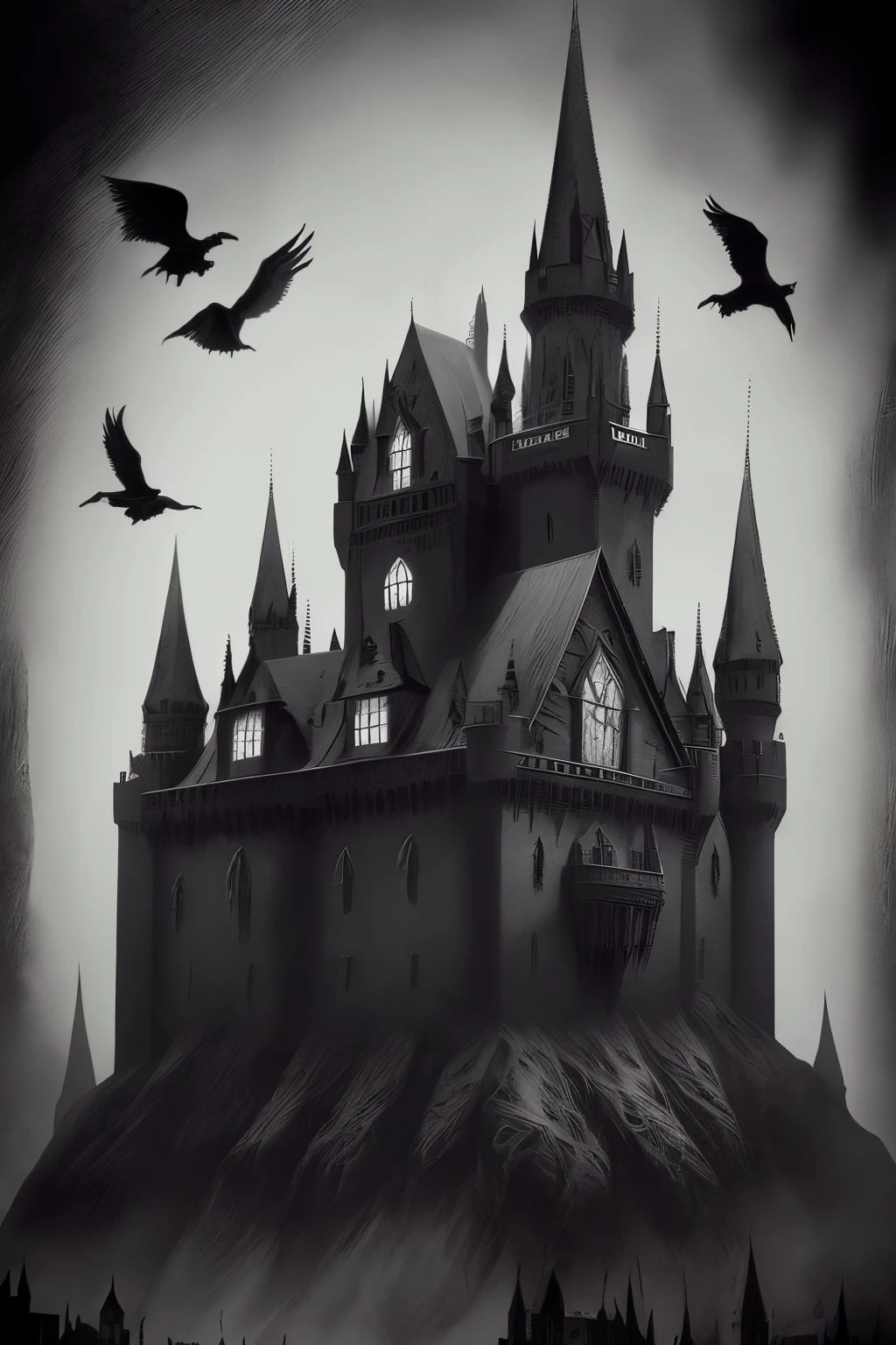 a black and white photo of a castle surrounded by crows, ominous gothic aesthetic, gothic atmosphere, dark fantasy setting, fantasy dark art, dark fantasy mixed with realism, gothic horror vibes, gothic art, dark and gothic, gothic background, dark fantasy. intricate, gothic fantasy art, dark fantasy art, gothic art style, gothic horror, gothic aesthetic, highly detailed dark art