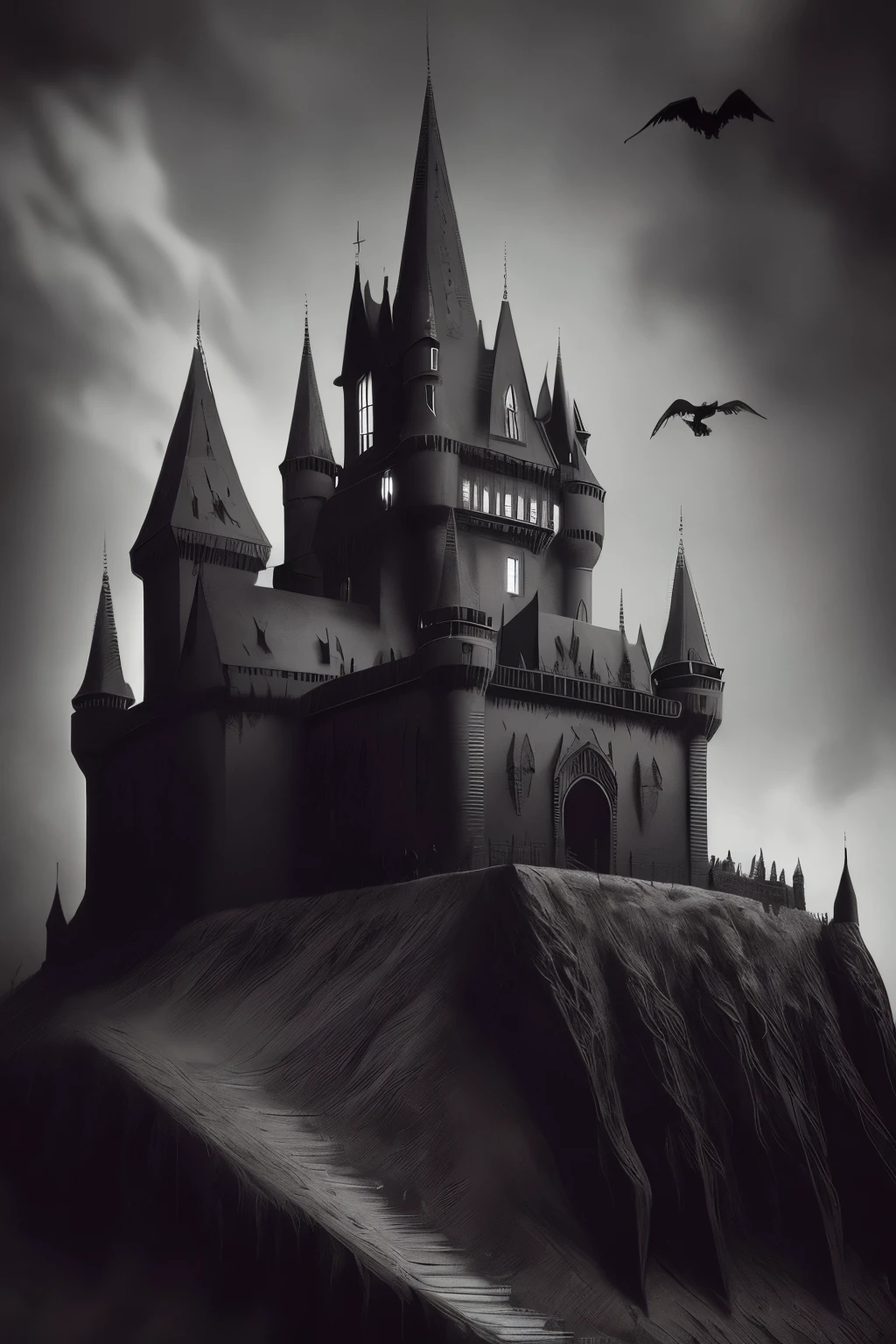 a black and white photo of a castle surrounded by crows, ominous gothic aesthetic, gothic atmosphere, dark fantasy setting, fantasy dark art, dark fantasy mixed with realism, gothic horror vibes, gothic art, dark and gothic, gothic background, dark fantasy. intricate, gothic fantasy art, dark fantasy art, gothic art style, gothic horror, gothic aesthetic, highly detailed dark art