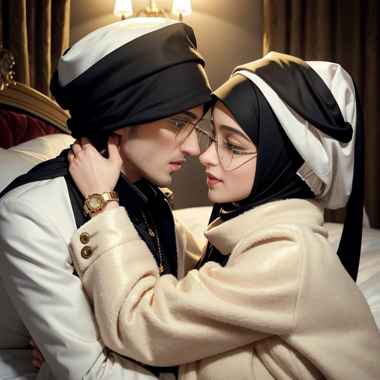 Ultra-realistic depiction of a tender moment between a coat boy and a hijabi glasses girl as they lean in for a passionate kiss on bed. The hijabi girl and no glasses coat boy are adorned in a maid's white and black coat, the pristine white contrasting with the classic black, and she wears a golden bangle, bracelet, and necklace that sparkle softly under the dim light. A golden Swiss Polo watch peeks out from the sleeve of her coat. The scene unfolds on a large, lying to bed, the room warm and cozy, reflecting the fiery passion between the two lovers. The girl's eyes are filled with a mix of love and desire, closed eye. As she rem, hug, teasing smile